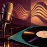 マイクとレコードを暖色の照明で照らした音楽のイメージ