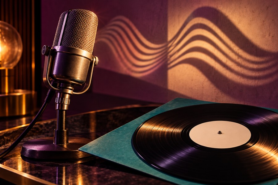 マイクとレコードを暖色の照明で照らした音楽のイメージ