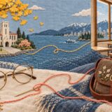 大学とカナダの教室を糸でつないだ、眼鏡と手芸道具の刺しゅう風イラスト