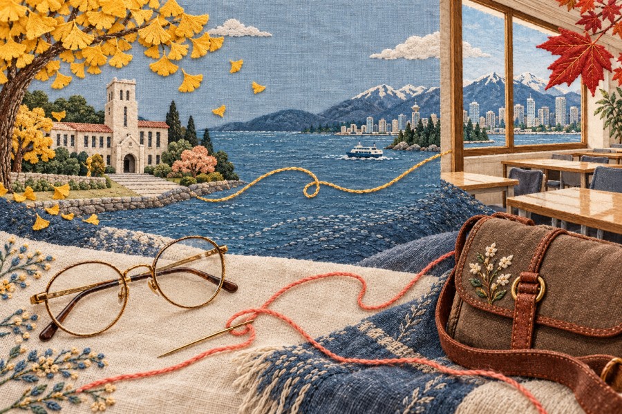 大学とカナダの教室を糸でつないだ、眼鏡と手芸道具の刺しゅう風イラスト