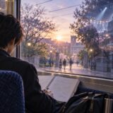 朝の電車でノートを読む学生の後ろ姿と、窓に重なるキャンパスとステージの光