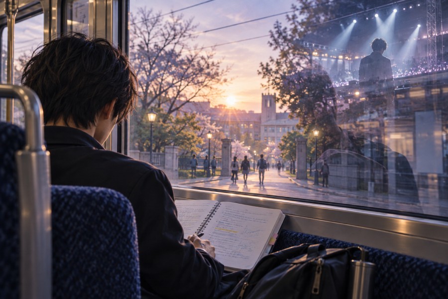 朝の電車でノートを読む学生の後ろ姿と、窓に重なるキャンパスとステージの光