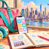 旅のバッグやヘッドホン、語学学習用のスマートフォンとノートを描いたカラフルなイラスト