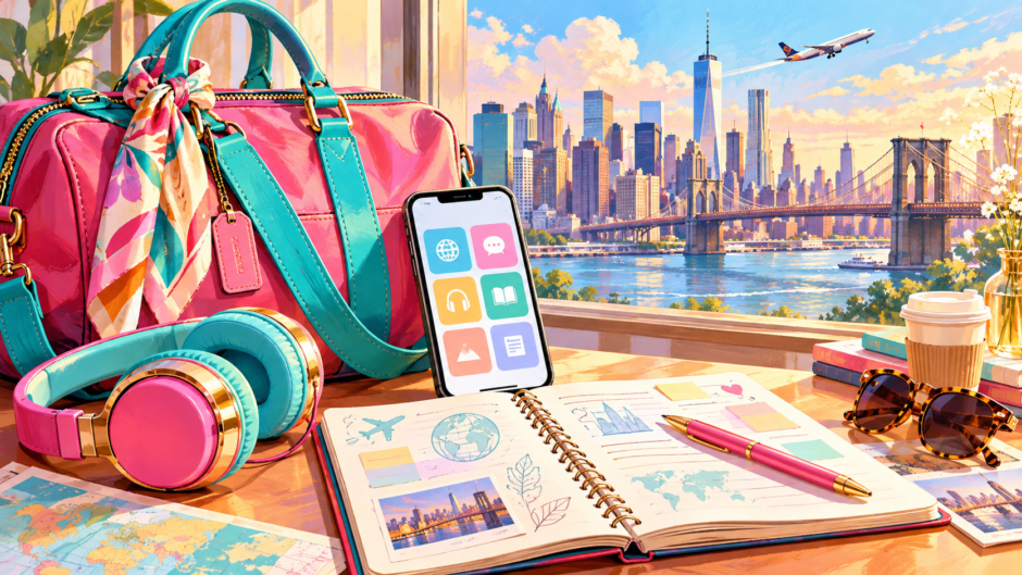 旅のバッグやヘッドホン、語学学習用のスマートフォンとノートを描いたカラフルなイラスト