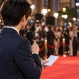 映画イベントで英語インタビューに臨む人物のイメージ