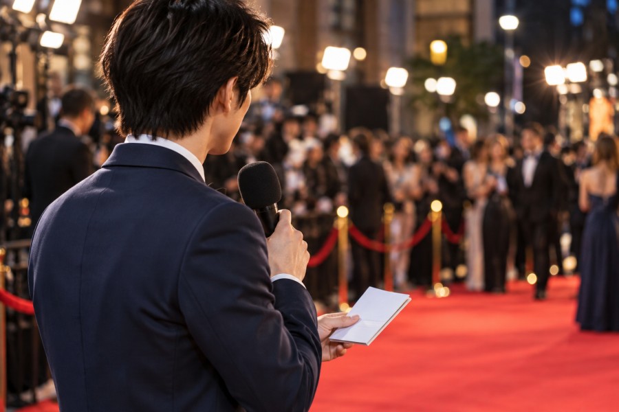 映画イベントで英語インタビューに臨む人物のイメージ