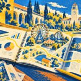 大学の中庭と研究ノート、観覧車と雑誌を青と黄色で描いた版画風イラスト