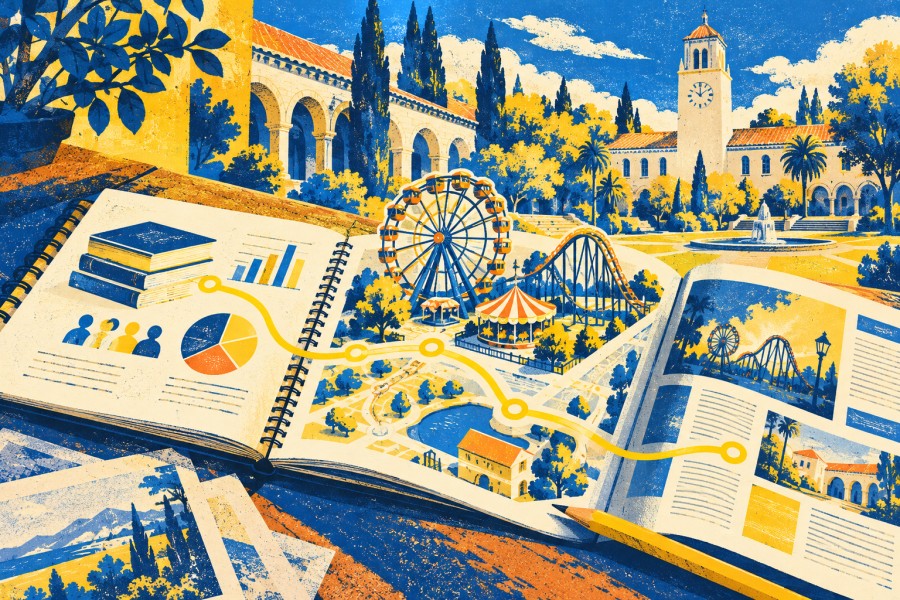 大学の中庭と研究ノート、観覧車と雑誌を青と黄色で描いた版画風イラスト
