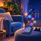 パズルゲームのスマートフォンとコントローラーを描いた夜の部屋のドット絵