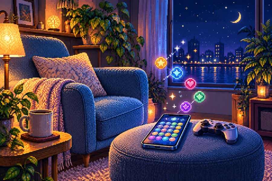 パズルゲームのスマートフォンとコントローラーを描いた夜の部屋のドット絵