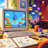 ゲーム制作の机とお笑いの舞台を組み合わせたドット絵風イラスト