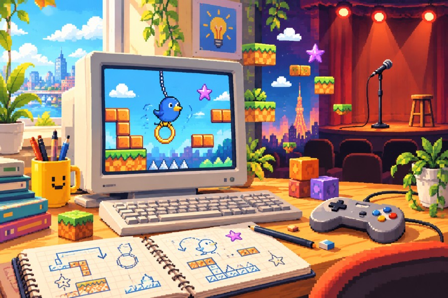 ゲーム制作の机とお笑いの舞台を組み合わせたドット絵風イラスト