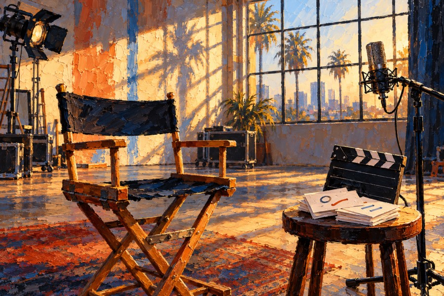 英語の発音練習カードと映画撮影用の椅子、マイクを描いた油絵風イラスト