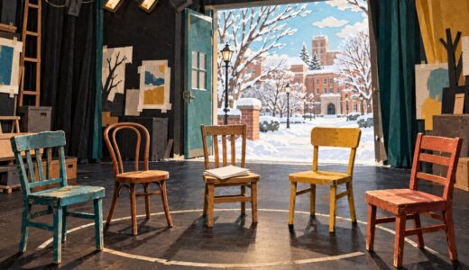 雪景色の大学と、5脚の椅子が並ぶ学生演劇の舞台を描いたイラスト