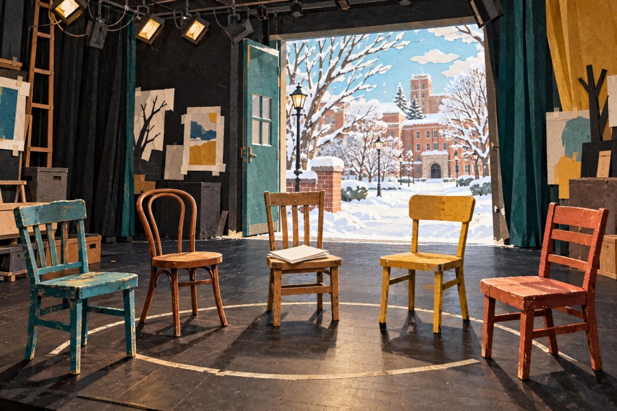 雪景色の大学と、5脚の椅子が並ぶ学生演劇の舞台を描いたイラスト