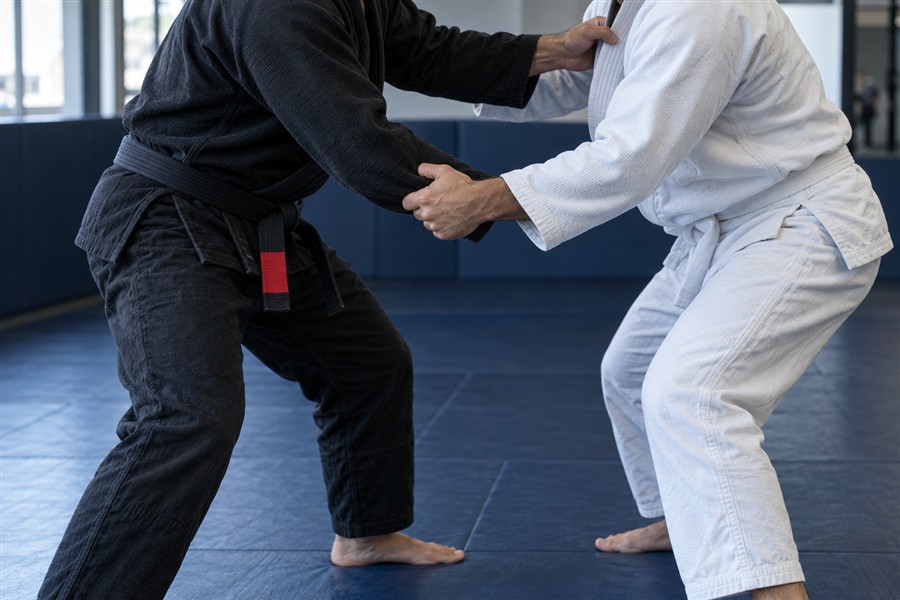 黒い道着と白い道着でブラジリアン柔術の組み手を練習する人物のイメージ