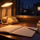 夜の勉強机に置かれた固定電話とノート、窓の向こうの明かり