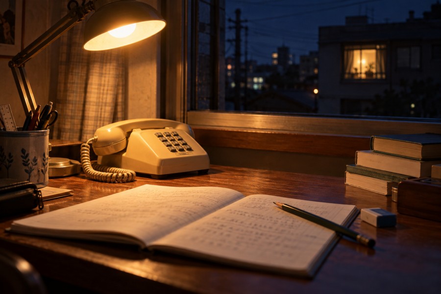 夜の勉強机に置かれた固定電話とノート、窓の向こうの明かり