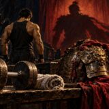 ダンベルと古代の鎧、トレーニングする男性の後ろ姿を描いた重厚な油絵風イラスト