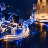 ゲーム配信のデスクとマイクのあるステージを透明な橋でつないだ立体イラスト