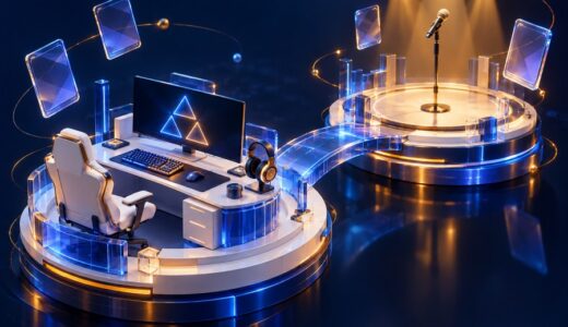 ゲーム配信のデスクとマイクのあるステージを透明な橋でつないだ立体イラスト