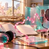 大学の教室で台本とマイクをピンクの音の波がつなぐ、透明なアクリル風のイラスト