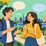 公園でノートを手に会話を楽しむ二人を描いた切り絵風のイラスト