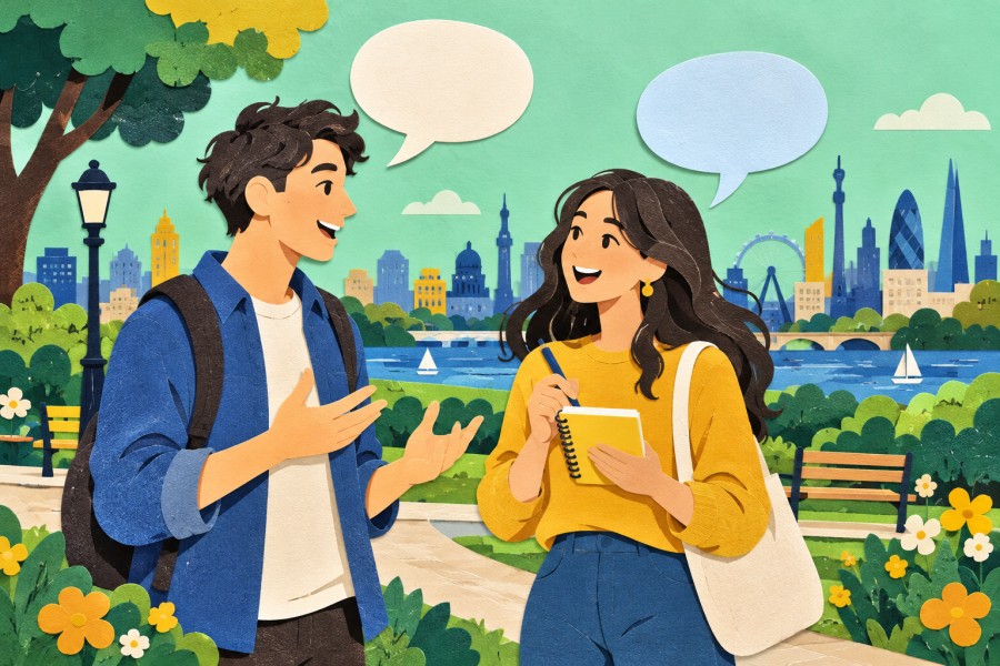 公園でノートを手に会話を楽しむ二人を描いた切り絵風のイラスト