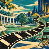 大学の中庭から劇場へ伸びるフィルムと映画カメラの版画風イラスト