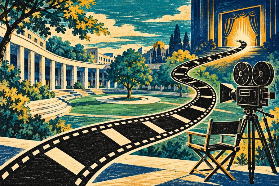 大学の中庭から劇場へ伸びるフィルムと映画カメラの版画風イラスト