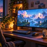 夕暮れの部屋に置かれたゲーム用パソコンとヘッドセット、本のイラスト