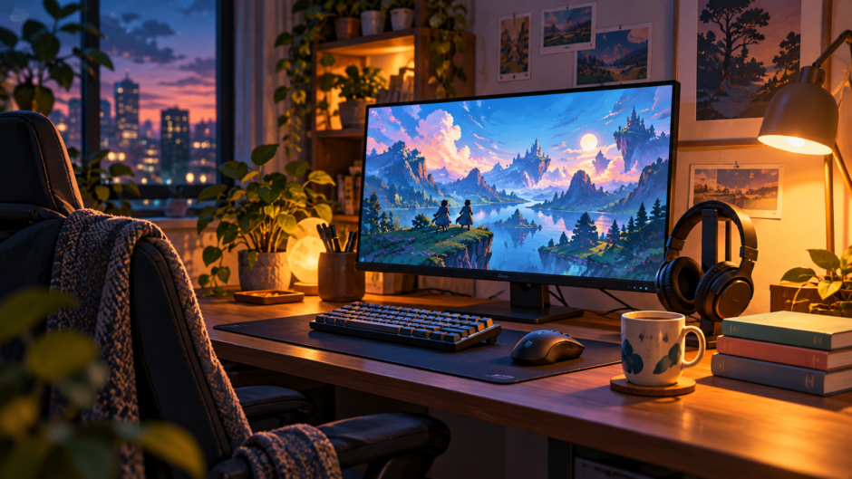 夕暮れの部屋に置かれたゲーム用パソコンとヘッドセット、本のイラスト