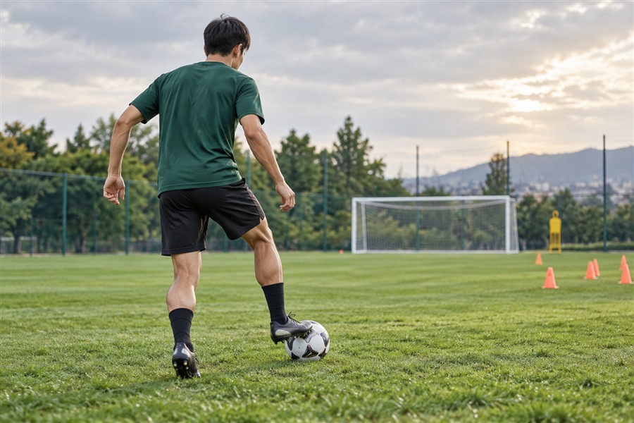 緑の練習着を着てサッカーのボールコントロールをする選手のイメージ