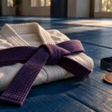 柔術の白い道着に紫帯を重ね、銅色のメダルを添えたイメージ