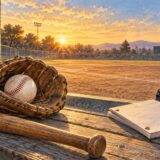 夕暮れの野球場を背景にグローブ、ボール、台本を置いたイラスト