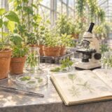 温室の植物と顕微鏡、観察ノートを描いた生命科学のイメージ