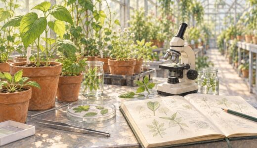 温室の植物と顕微鏡、観察ノートを描いた生命科学のイメージ