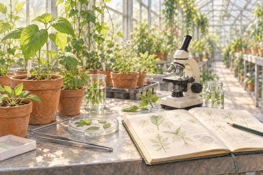 温室の植物と顕微鏡、観察ノートを描いた生命科学のイメージ