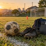 サッカー場に置いたボールとスパイク、映画撮影用カチンコのイメージ