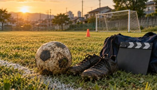 サッカー場に置いたボールとスパイク、映画撮影用カチンコのイメージ