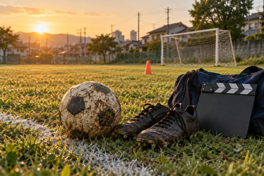 サッカー場に置いたボールとスパイク、映画撮影用カチンコのイメージ