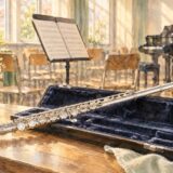 音楽室の楽器ケースに置いたフルートを描いたイラスト