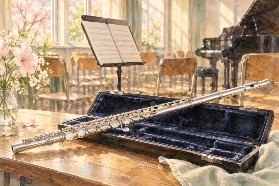 音楽室の楽器ケースに置いたフルートを描いたイラスト