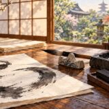 筆と硯、和紙を置いた京都の書斎を描いたイラスト