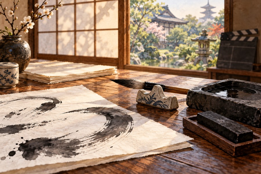 筆と硯、和紙を置いた京都の書斎を描いたイラスト