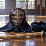 道場の床に置かれた剣道の面、小手、竹刀