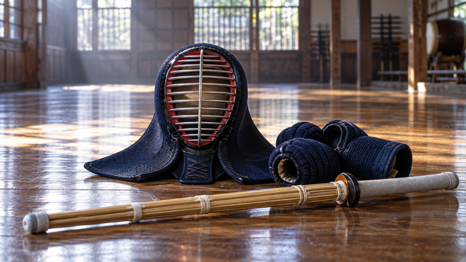 道場の床に置かれた剣道の面、小手、竹刀